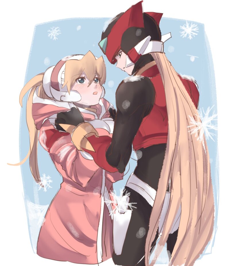 1boy, 1girl, armor, black_eyes, blonde_hair, blue_eyes, ciel_(mega_man), coat