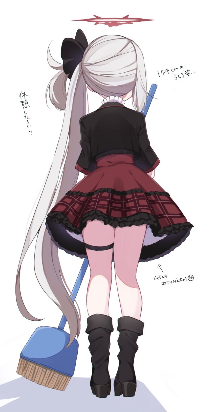 1girl, black_boots, black_shirt, blue_archive, boots, broom, commentary_request, from_behind