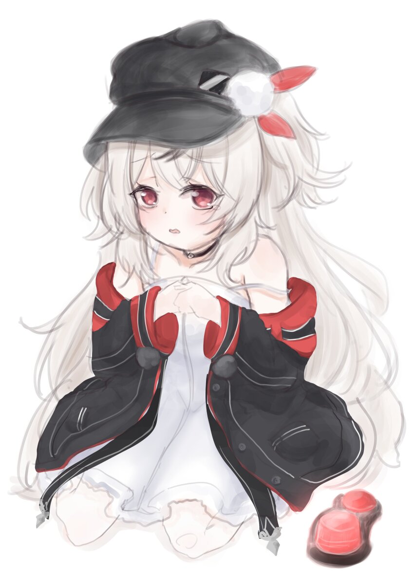 1girl, absurdres, azur_lane, black_choker, black_hat, black_jacket, choker, dress, hands_up, hat, highres, jacket, long_hair, long_sleeves, looking_at_viewer, nayuha_(nayuleaf), parted_lips, peaked_cap, red_eyes, short_dress, simple_background, sitting, sketch, solo, tearing_up, very_long_hair, wavy_mouth, white_background, white_dress, white_hair, z9_(azur_lane)