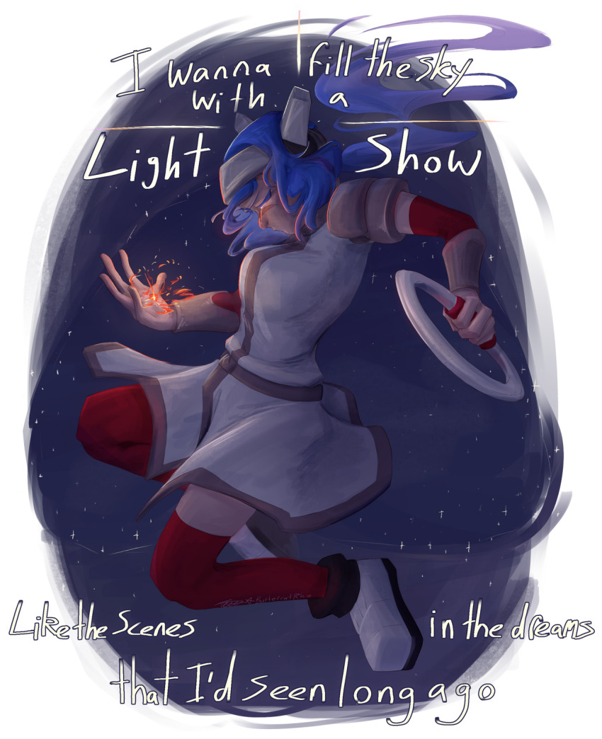 1girl, armor, blue_hair, breasts, butterrhocat, crosscode, detached_sleeves, fire