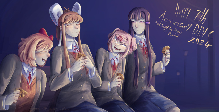 4girls, animal-themed_food, blazer, blush, bow, breasts, brown_hair, brown_jacket