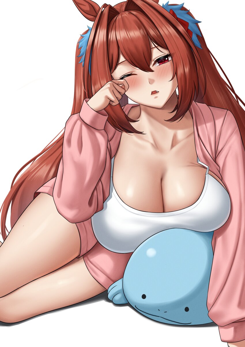 1girl, absurdres, animal_ears, breasts, brown_hair, cleavage, daiwa_scarlet_(umamusume), gen_2_pokemon