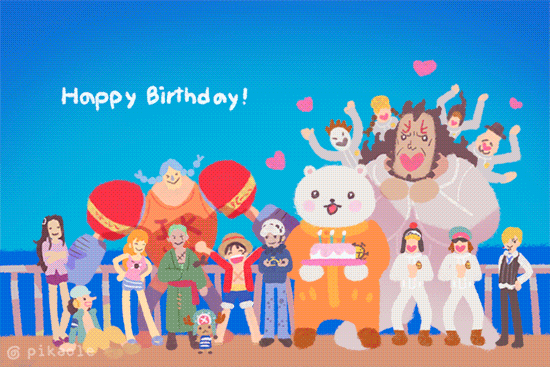 3girls, 6+boys, aged_down, animated, animated_gif, artist_name, bepo_(one_piece), birthday_cake, black_hair, blonde_hair, blue_hair, blue_shorts, blue_sky, box, braid, braided_twintails, cake, carrying, carrying_person, chibi, clione_(one_piece), commentary, donquixote_rocinante, food, franky_(one_piece), full_body, green_hair, green_kimono, hair_over_eyes, hair_over_one_eye, hakugan_(one_piece), happy_birthday, hat, heart, heart_pirates_jolly_roger, hood, ikkaku_(one_piece), japanese_clothes, jean_bart_(one_piece), jumping, jumpsuit, kimono, long_hair, looking_at_viewer, monkey_d._luffy, multiple_boys, multiple_girls, nami_(one_piece), nami_(one_piece)_(punk_hazard), nico_robin, nico_robin_(punk_hazard), one_piece, open_clothes, open_shirt, orange_jumpsuit, penguin_(one_piece), pikaole, punching, red_shirt, roronoa_zoro, sanji_(one_piece), sash, scar, scar_on_chest, shachi_(one_piece), shirt, shorts, sky, smile, straw_hat, untranslatable_commentary, tank_top, tony_tony_chopper, trafalgar_law, twin_braids, usopp, white_background