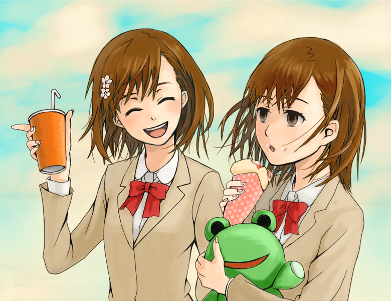 2girls, brown_eyes, brown_hair, closed_eyes, crepe, food, gekota, hair_ornament