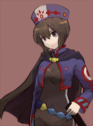 1girl, bad_id, bad_pixiv_id, belt, black_eyes, black_hair, bodysuit, brown_background, cape, chloe_valens, cropped_jacket, dorosousu, female_focus, frown, hat, lowres, scabbard, sheath, short_hair, simple_background, solo, tales_of_(series), tales_of_legendia