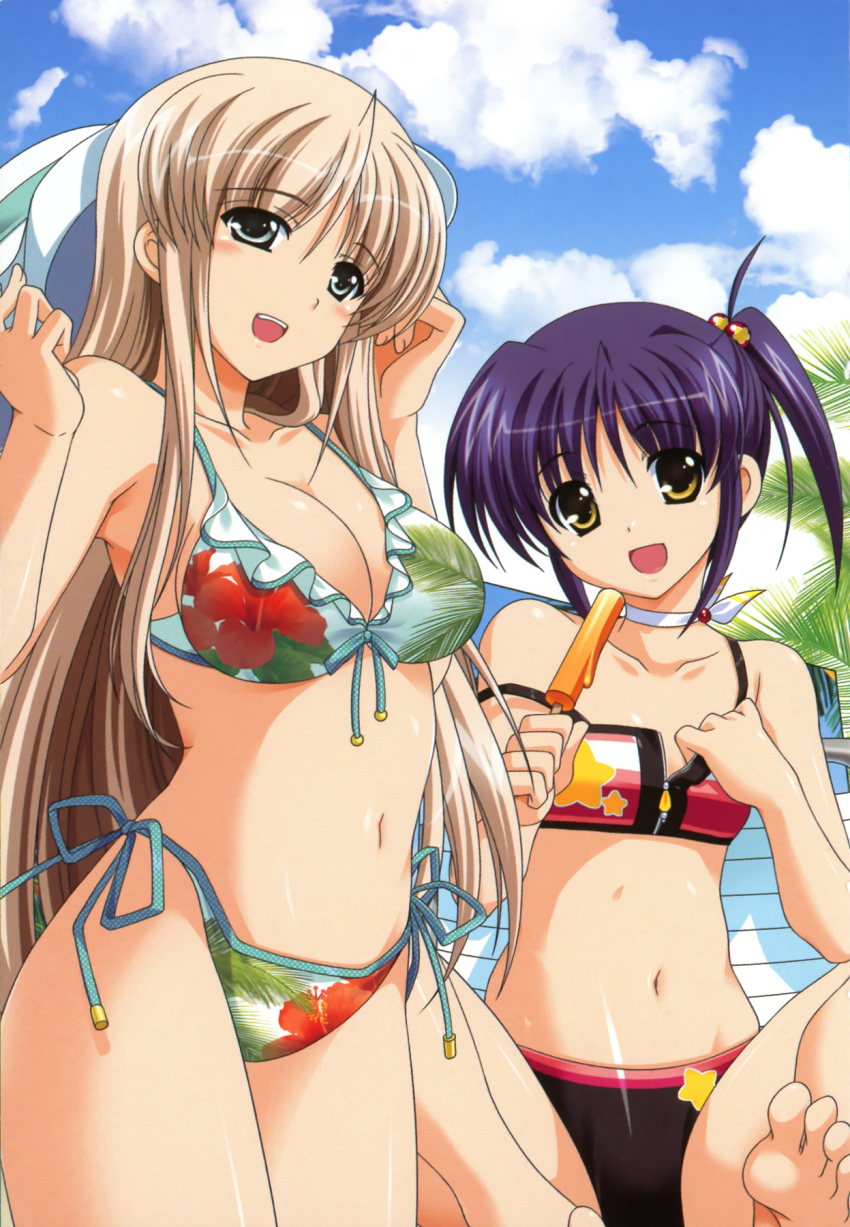 00s, 2girls, bikini, blue_eyes, blue_hair, bow, breasts, cleavage