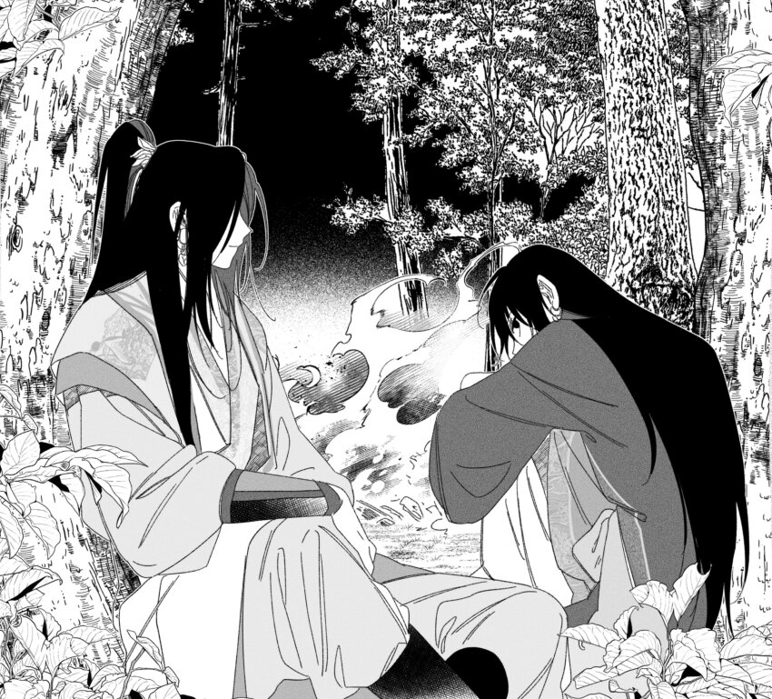 2boys, 333_2d, absurdres, arm_on_knee, boots, chinese_clothes, crossed_legs, feet_out_of_frame, fire, foliage, grass, greyscale, half_updo, high_ponytail, highres, jinhongi, long_hair, long_sleeves, looking_at_another, monochrome, multiple_boys, outdoors, ponytail, seol_young, sitting, smile, tree, wide_sleeves, zaha