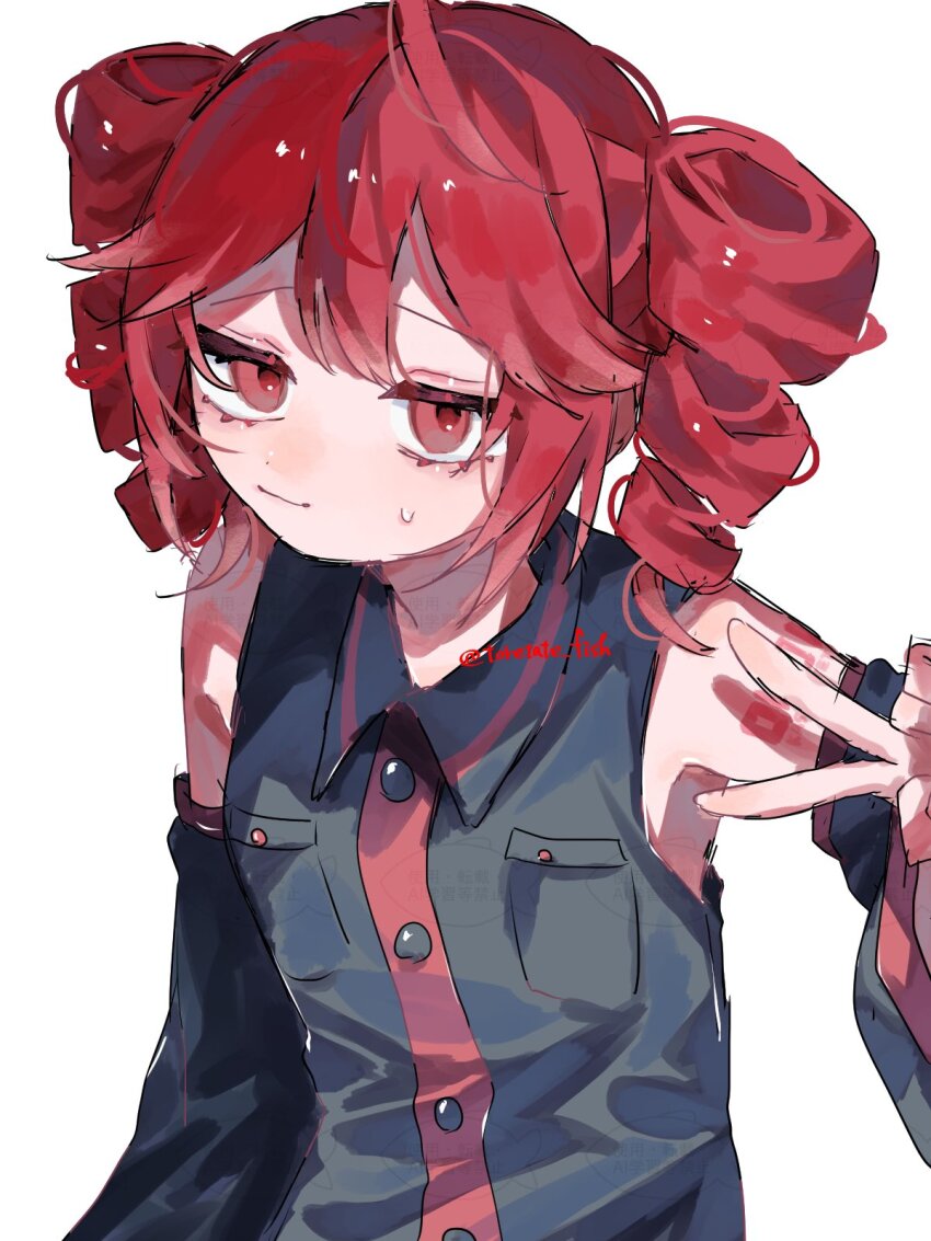 1girl, ahoge, bare_shoulders, black_sleeves, breast_pocket, buttons, closed_mouth, collared_shirt, detached_sleeves, double-parted_bangs, drill_hair, flat_chest, hair_between_eyes, highres, kasane_teto, kasane_teto_(utau), long_hair, long_sleeves, pocket, red_eyes, red_hair, red_trim, sakanaya_(toretate_fish), shirt, simple_background, sleeveless, sleeveless_shirt, small_sweatdrop, solo, sweatdrop, three-quarter_sleeves, twin_drills, upper_body, utau, very_long_hair, white_background, wing_collar