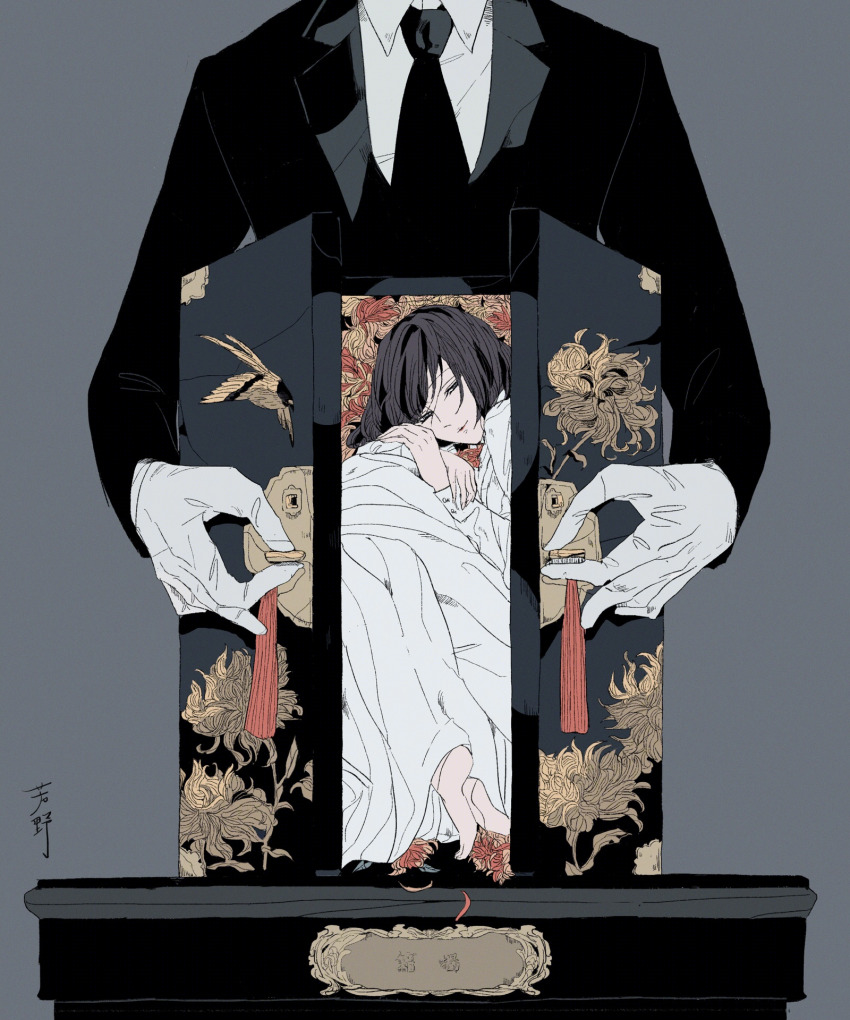 1boy, 1girl, artist_name, barefoot, black_hair, box, curled_up, dress, dried_flower, formal_clothes, gghost0627, green_eyes, grey_background, highres, inside_object, lipstick, makeup, necktie, nightgown, original, ornate, ornate_pattern, pale_skin, signature, sleeping, squinting, suit, surreal, waking_up, what, white_dress