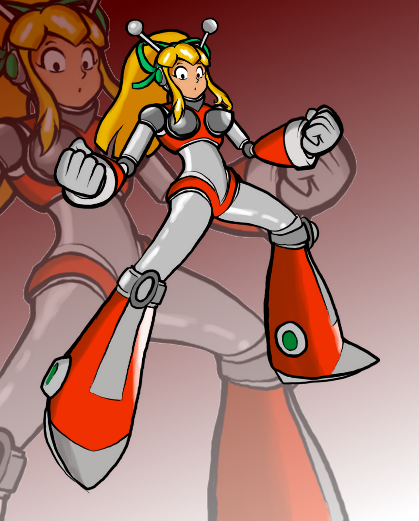 antennae, armor, armored_gloves, bikini_armor, blonde_hair, boots, breasts, earphones