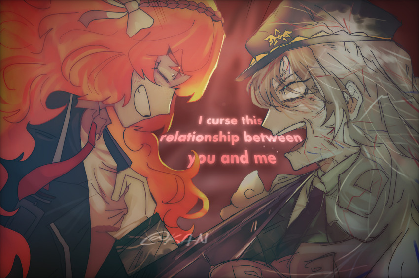 2girls, ahab_(project_moon), angry, angry_grin, black_jacket, clenched_teeth, clothes_pull, collared_shirt