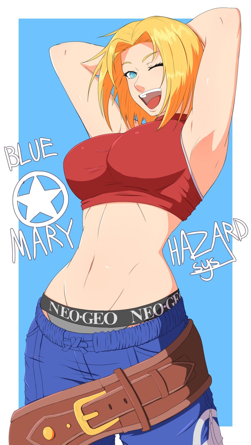 1girl, absurdres, armpits, arms_behind_head, arms_up, blonde_hair, blue_eyes, blue_mary