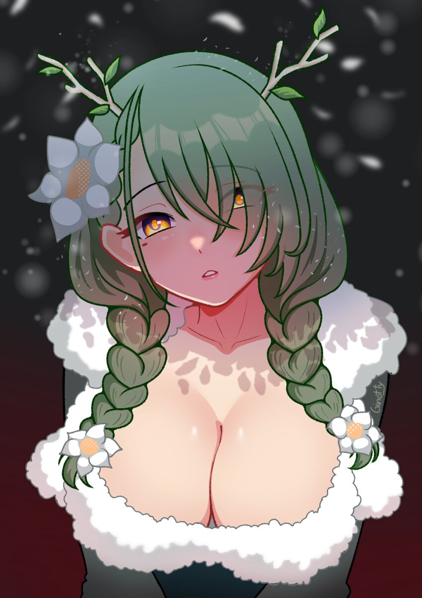 1girl, absurdres, alternate_costume, alternate_hairstyle, antlers, braid, braided_bangs, branch