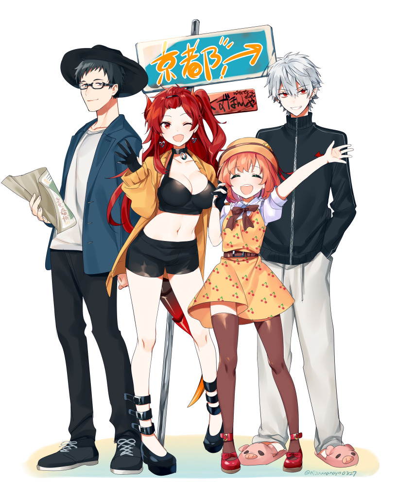 2boys, 2girls, ;d, absurdres, alternate_costume, bangs_pinned_back, belt, black-framed_eyewear