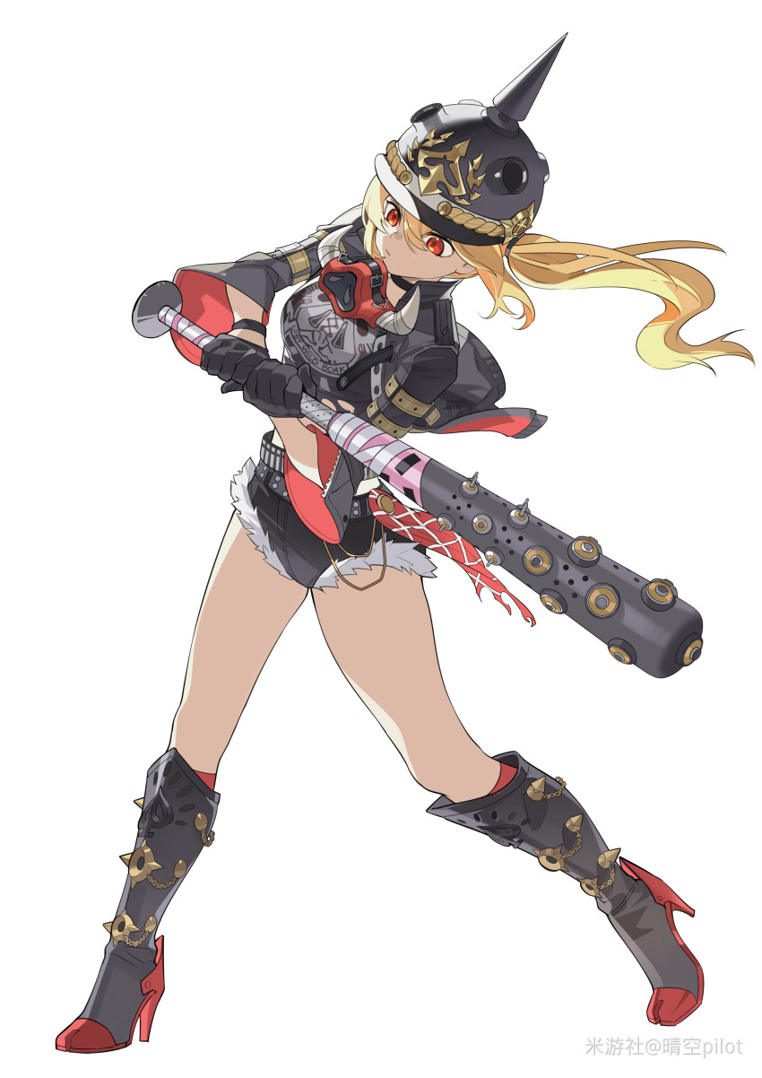 1girl, absurdres, artist_name, baseball_bat, black_boots, black_gloves, black_hair, black_helmet