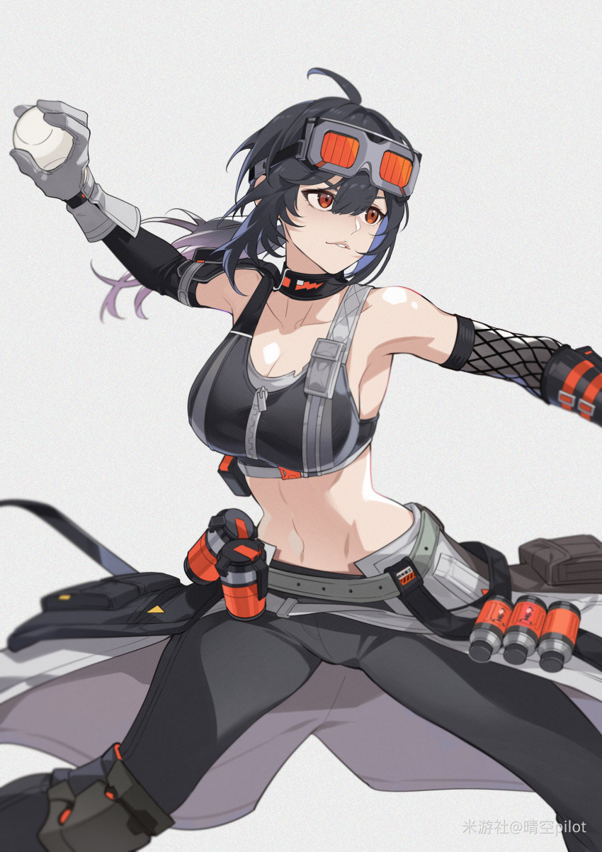 1girl, absurdres, ahoge, artist_name, baseball, baseball_bat, black_hair, breasts