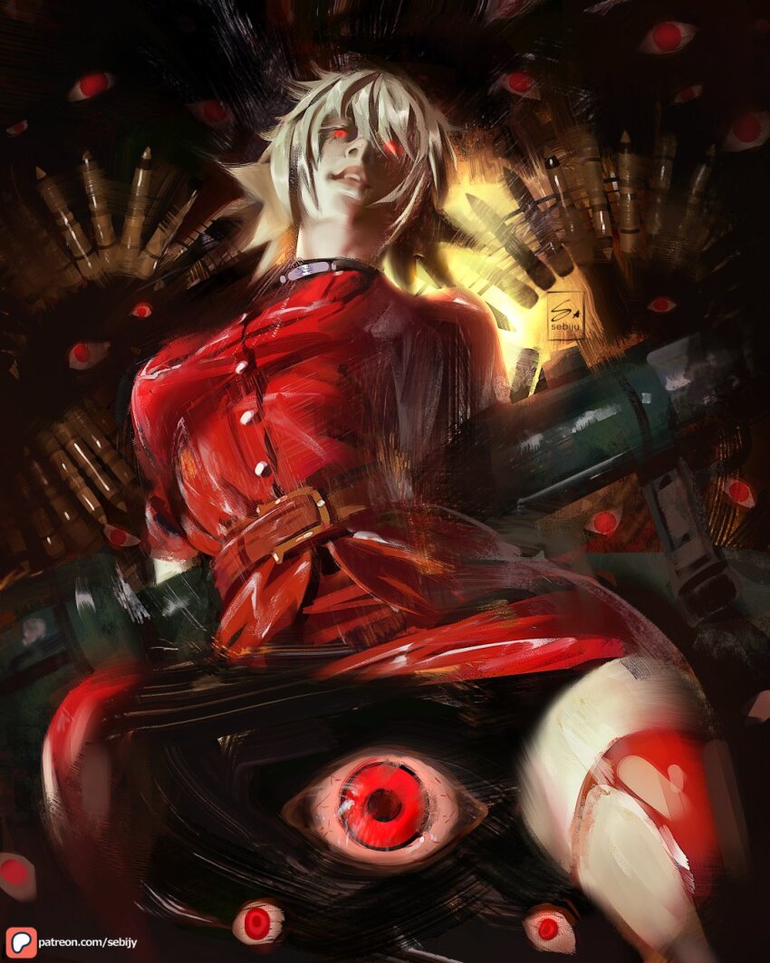 1girl, belt, blonde_hair, blood, blood_on_leg, disembodied_eye, from_below, glowing