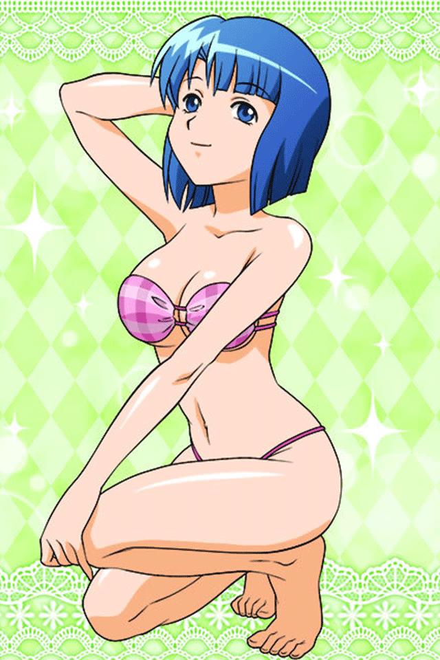 1girl, arm_behind_head, barefoot, bikini, blue_eyes, blue_hair, bob_cut, breasts