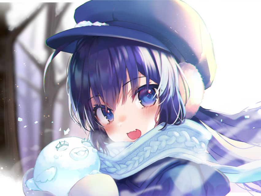 1girl, backlighting, bare_tree, blue_bow, blue_coat, blue_eyes, blue_hair, blue_hat