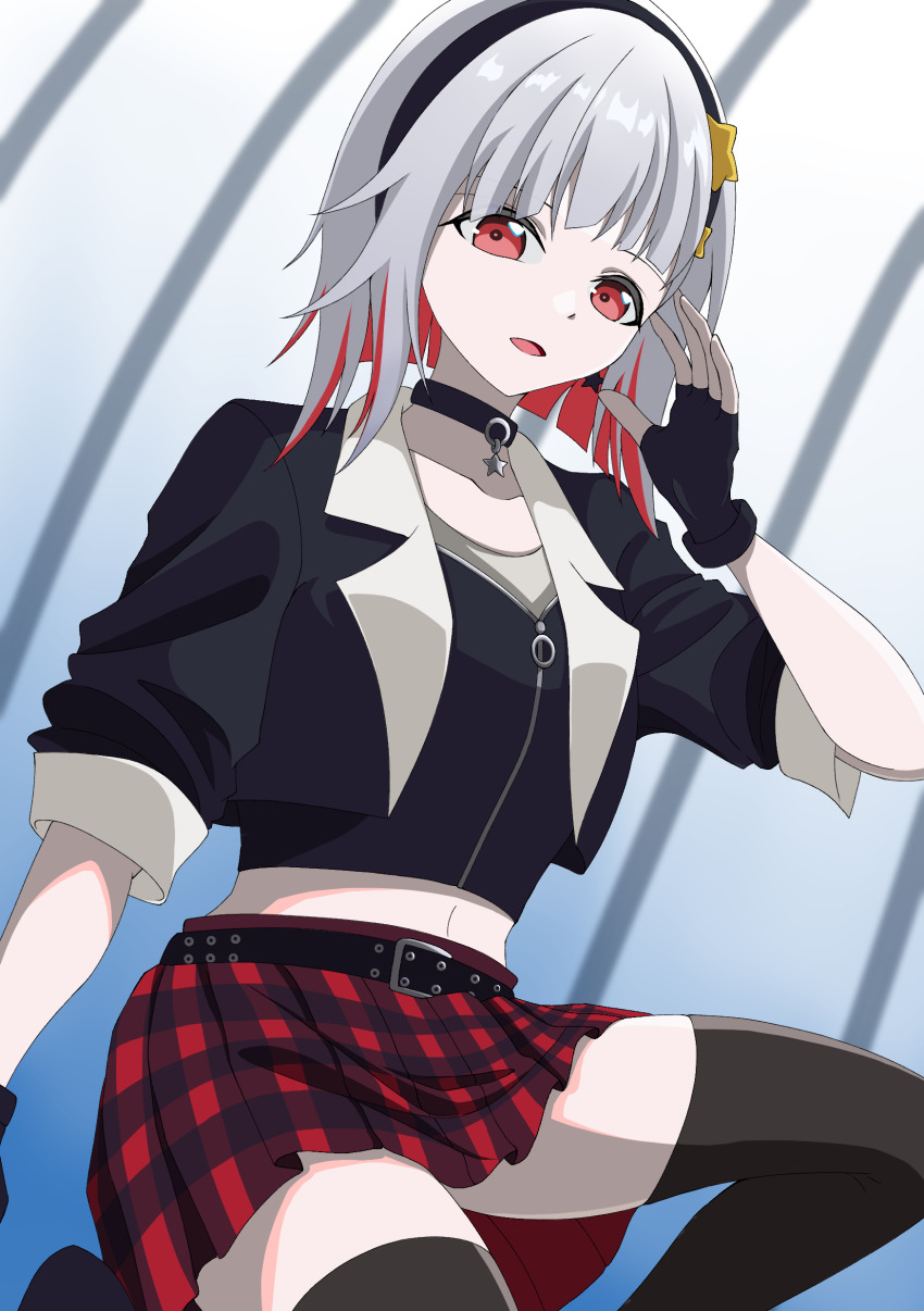 1girl, :d, absurdres, belt, black_belt, black_choker, black_gloves, black_hairband, black_jacket, black_shirt, black_thighhighs, blue_background, bob_cut, cage, choker, collarbone, colored_inner_hair, commentary, diagonal_bangs, earrings, feet_out_of_frame, fingerless_gloves, gloves, gradient_background, grey_hair, hairband, highres, in_cage, inverted_bob, jacket, jewelry, kai_shum, link!_like!_love_live!, love_live!, midriff, miniskirt, multicolored_hair, navel, on_one_knee, open_clothes, open_jacket, open_mouth, plaid_clothes, plaid_skirt, pleated_skirt, proof_(love_live!), red_eyes, red_hair, red_skirt, shirt, short-sleeved_jacket, short_hair, short_sleeves, skirt, smile, solo, star_(symbol), star_choker, star_earrings, star_hairband, streaked_hair, thighhighs, virtual_youtuber, white_background, yugiri_tsuzuri, zettai_ryouiki