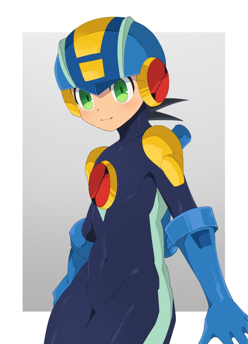 1boy, bodysuit, gloves, green_eyes, helmet, highres, kokemega, male_focus, mega_man_(series), mega_man_battle_network, megaman.exe, navel, thighs