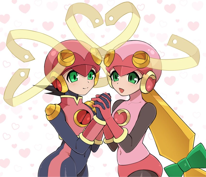 1boy, 1girl, bodysuit, gloves, helmet, highres, kokemega, mega_man_(series), mega_man_battle_network, megaman.exe, navel, roll.exe_(mega_man), tagme, thighs