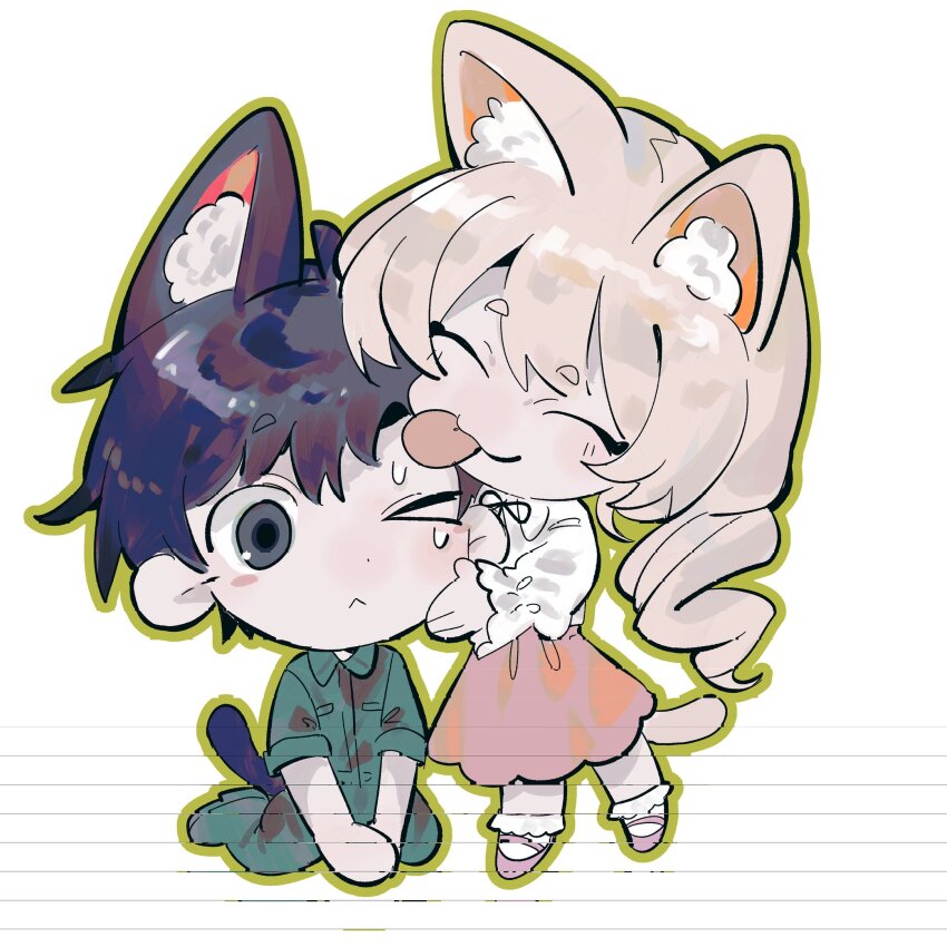 1boy, 1girl, ;<, akasasachii, animal_ear_fluff, animal_ears, black_hair, black_ribbon