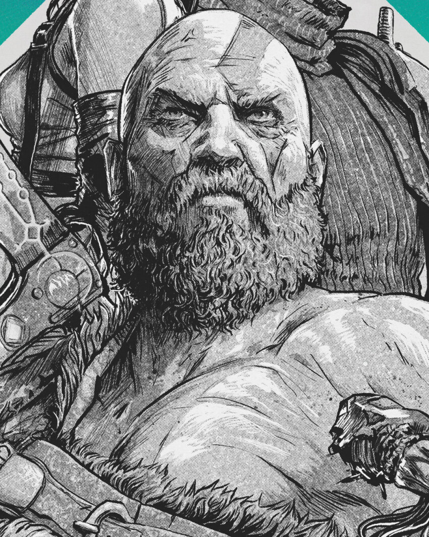 1girl, 2boys, axe, beard, closed_mouth, cloud_strife, commentary, company_connection