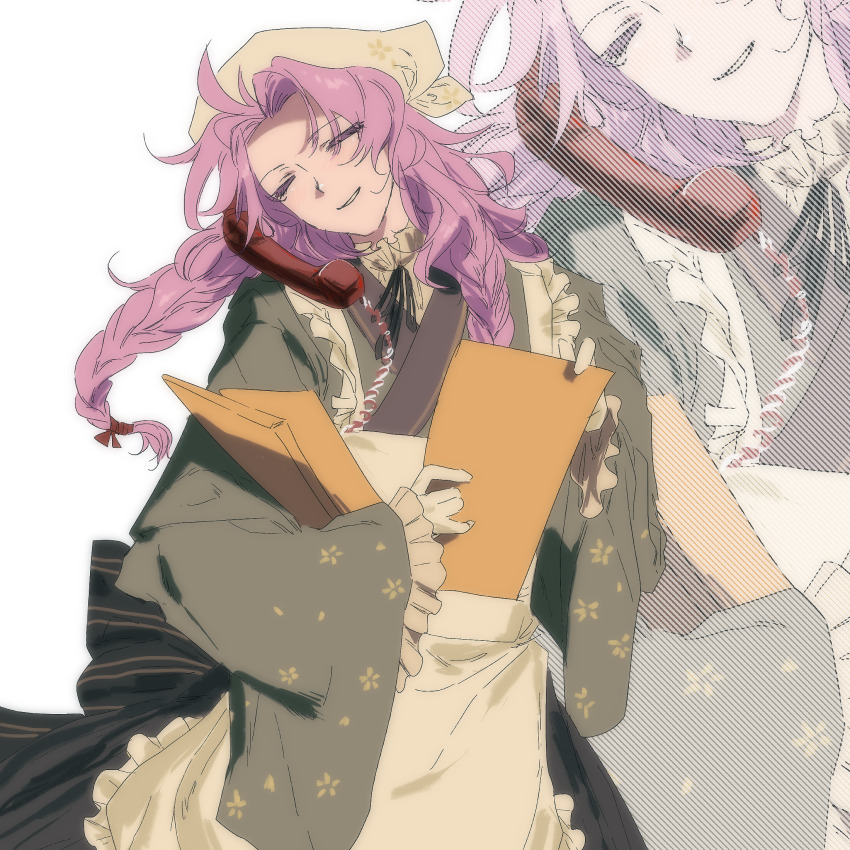 1boy, alternate_costume, apron, black_kimono, braid, chinese_commentary, closed_eyes, commentary_request