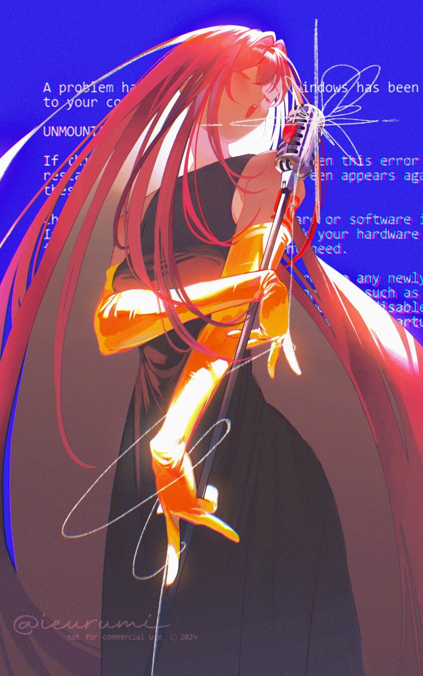 1girl, 2024, absurdres, blue_background, blue_screen_of_death, closed_eyes, commentary, commentary_typo, dress, elbow_gloves, english_commentary, gloves, hair_intakes, highres, holding, holding_microphone_stand, ieurumi, long_hair, megurine_luka, microphone_stand, music, open_mouth, pink_hair, singing, sleeveless, sleeveless_dress, solo, twitter_username, very_long_hair, vocaloid