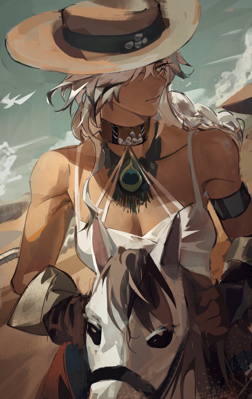 1girl, argus_(reverse:1999), bare_shoulders, braid, breasts, brown_choker, brown_hat, choker, cleavage, commentary, cowboy_hat, english_commentary, hat, highres, horse, horseback_riding, looking_back, peacock_feathers, rain_(neporain), reverse:1999, riding, single_braid, solo, tank_top, white_tank_top
