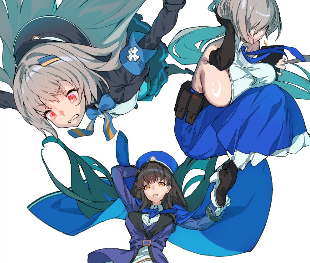 3girls, armband, backless_shirt, bare_shoulders, belt_pouch, black_hair, blue_armband, blue_coat