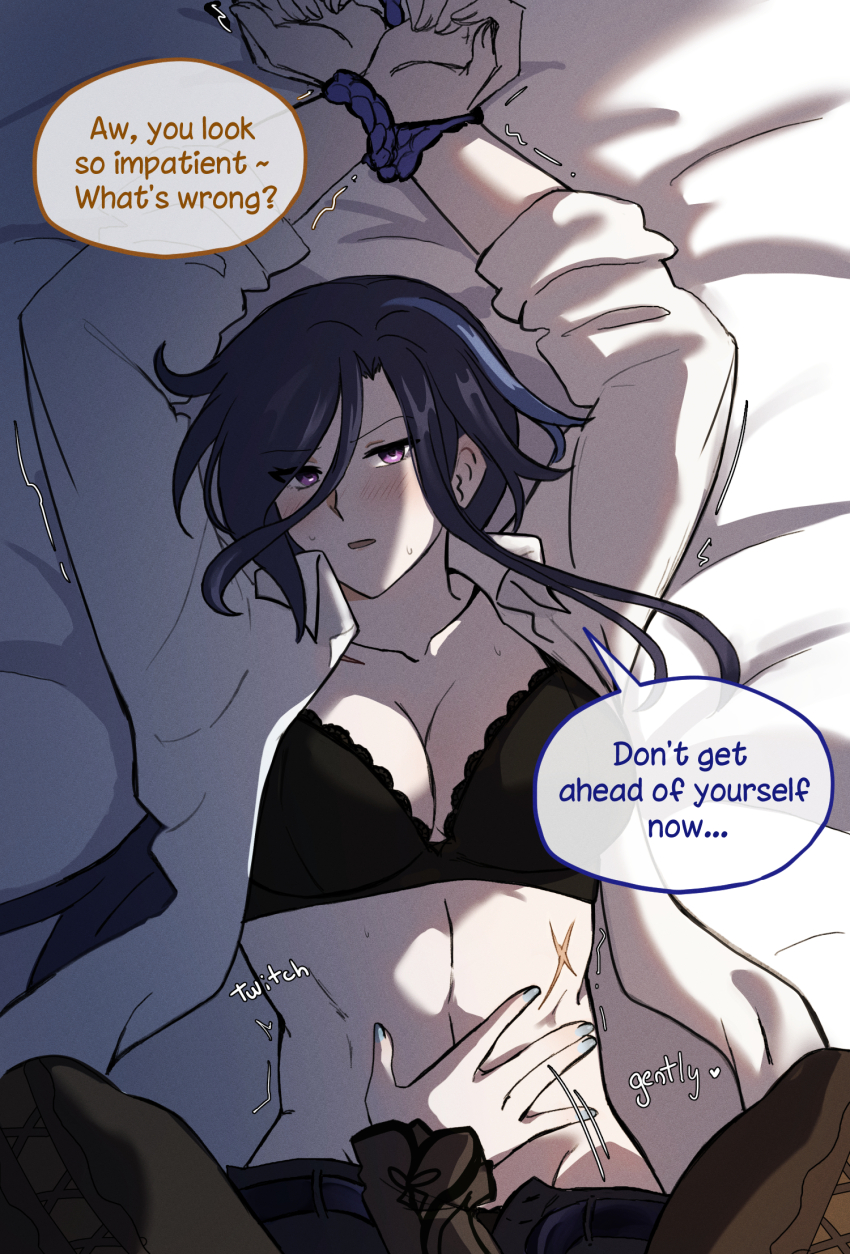 2girls, black_bra, black_pantyhose, blue_nails, blush, bound, bound_wrists, bra