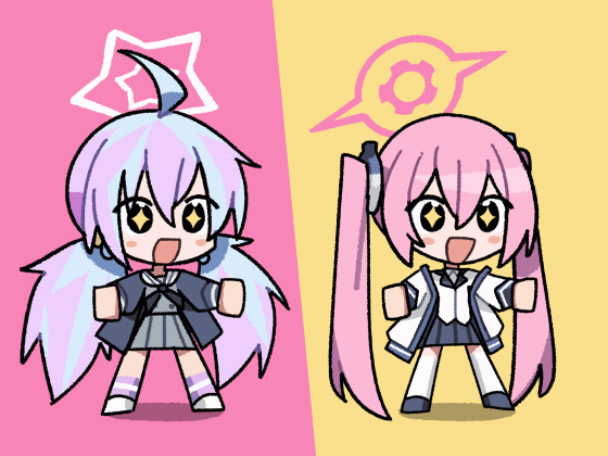 2girls, :d, ahoge, animated, animated_gif, black_eyes, black_jacket, black_skirt, blue_archive, blue_hair, blush, chibi, commentary, english_commentary, grey_shirt, grey_skirt, halo, jacket, jumping, koyuki_(blue_archive), long_hair, multicolored_background, multicolored_hair, multiple_girls, necktie, open_mouth, paffendorf, pink_background, pink_hair, pink_halo, purple_hair, purple_socks, reisa_(blue_archive), sailor_collar, shirt, skirt, smile, socks, sparkling_eyes, thighhighs, tsunderemaids, twintails, very_long_hair, white_halo, white_jacket, white_shirt, white_thighhighs, yellow_background