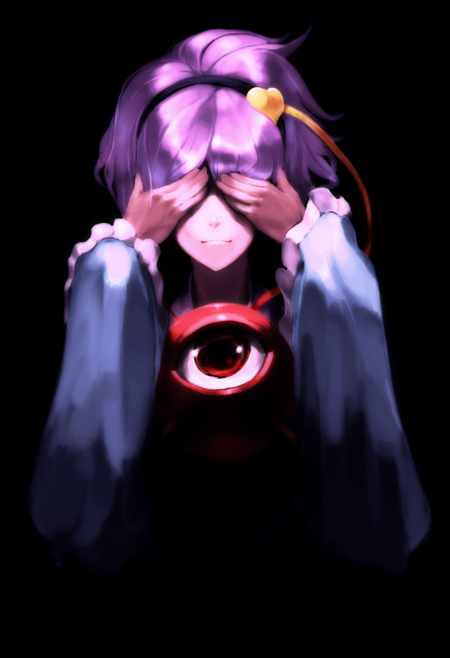 1girl, covering_privates, covering_face, covering_own_eyes, dark, eyeball, female_focus, hairband