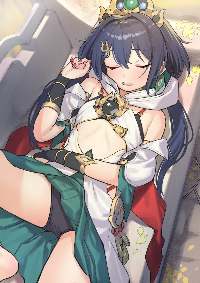 1girl, black_panties, blue_hair, blush, breasts, chinese_clothes, closed_eyes, drooling