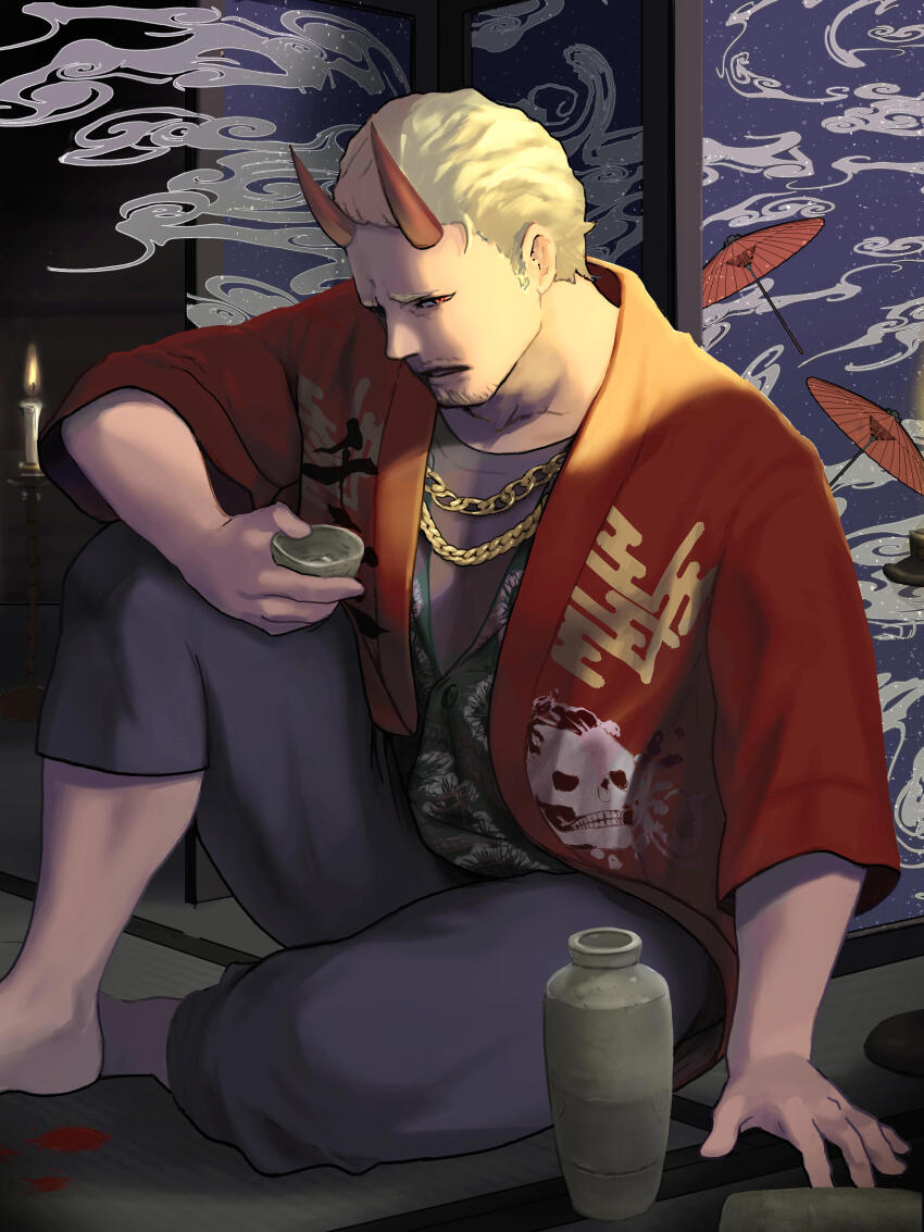 1boy, 333111000, absurdres, beard_stubble, blonde_hair, candle, demon_horns, facial_hair, floral_print, floral_print_shirt, goatee_stubble, gold_necklace, grey_pants, highres, horns, indoors, japanese_clothes, jewelry, kimono, mustache_stubble, necklace, new_japan_pro_wrestling, pants, red_eyes, red_kimono, sitting, stubble, umbrella, yano_tooru