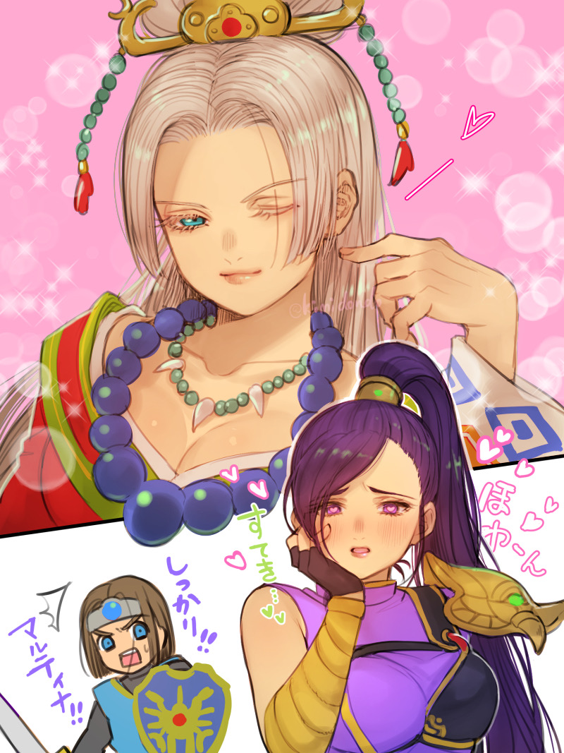 1boy, 2girls, aqua_eyes, armor, bead_necklace, beads, bishie_sparkle, black_gloves