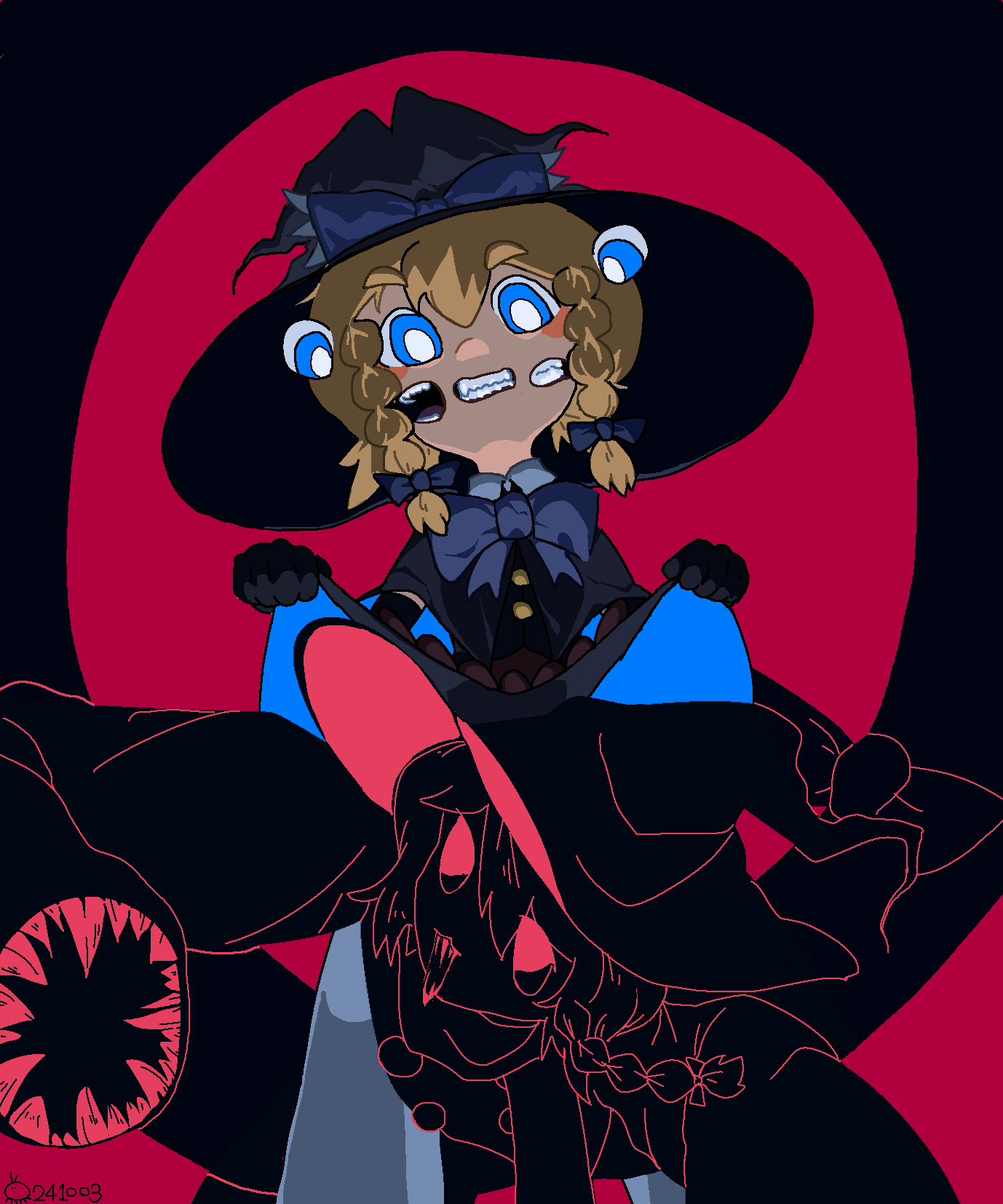 2girls, black_background, black_capelet, black_gloves, blue_bow, blue_bowtie, blue_eyes, blush_stickers