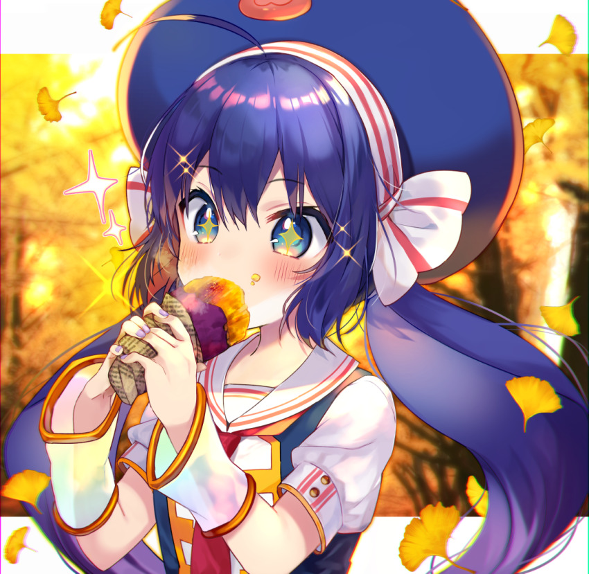 1girl, ahoge, band_uniform, blue_eyes, blue_hat, blue_nails, blue_shirt, blurry, blurry_background, blush, bracer, buttons, commentary, eating, falling_leaves, food, food_on_face, ginkgo_leaf, hat, hat_ribbon, holding, holding_food, leaf, letterboxed, nail_polish, necktie, nekoi51, otomachi_una, otomachi_una_(sugar), outdoors, piano_print, red_necktie, ribbon, sailor_collar, shirt, short_sleeves, solo, sparkle, sparkling_eyes, sweet_potato, tree, twintails, vocaloid, white_sailor_collar