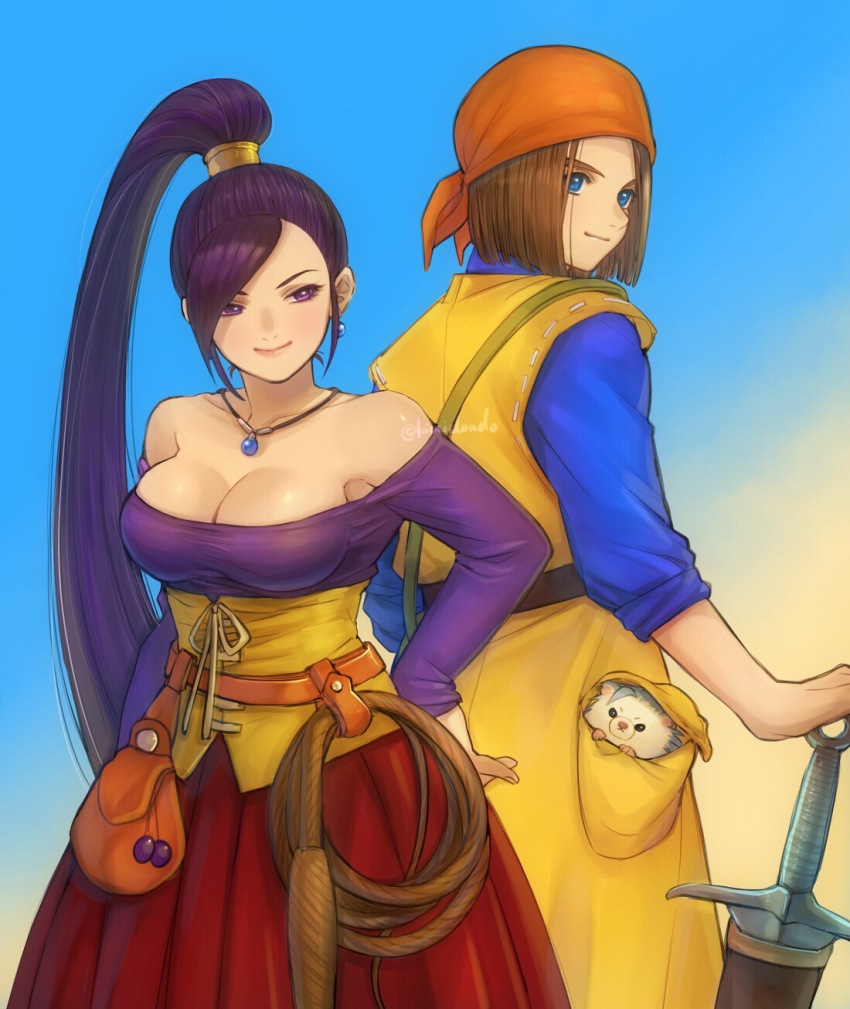 1boy, 1girl, 1other, animal, animal_request, back-to-back, bandana, blue_eyes