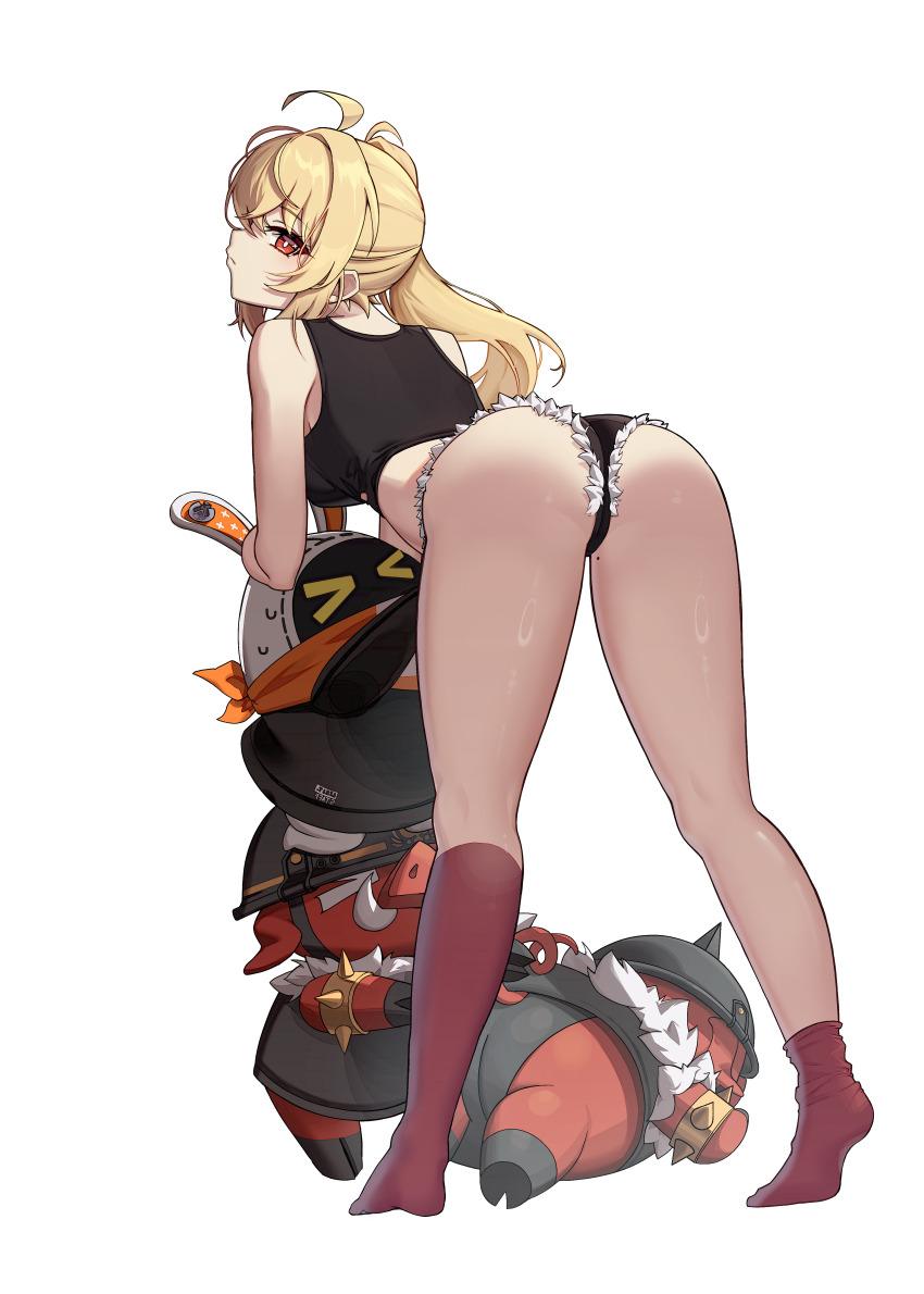 >_<, absurdres, ahoge, ass, bangboo_(zenless_zone_zero), black_shorts, blonde_hair, breasts, commentary_request, crop_top, eous_(zenless_zone_zero), from_behind, highres, korean_commentary, leegh19769, legs, long_hair, luciana_de_montefio, no_shoes, red_eyes, red_socks, short_shorts, shorts, side_ponytail, small_breasts, socks, soles_of_feet_in_socks, sweat, thighs, zenless_zone_zero