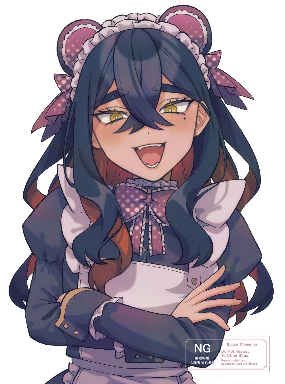 1girl, alternate_costume, animal_ears, apron, black_dress, black_hair, carmine_(pokemon), colored_inner_hair, commentary, crossed_arms, crossed_bangs, dress, enmaided, fake_animal_ears, fang, frilled_apron, frills, hair_between_eyes, hair_over_shoulder, hair_ribbon, head_tilt, highres, juliet_sleeves, long_hair, long_sidelocks, long_sleeves, looking_at_viewer, maid, maid_apron, maid_headdress, mole, mole_under_eye, multicolored_hair, neck_ribbon, nintendo, open_mouth, pokemon, pokemon_scarlet_and_violet, polka_dot, polka_dot_ribbon, puffy_sleeves, red_hair, red_ribbon, ribbon, saba_chimera, sidelocks, simple_background, solo, untranslatable_commentary, teeth, thick_eyebrows, tongue, two-tone_hair, upper_body, watermark, wavy_hair, white_apron, white_background, wrist_cuffs, yellow_eyes