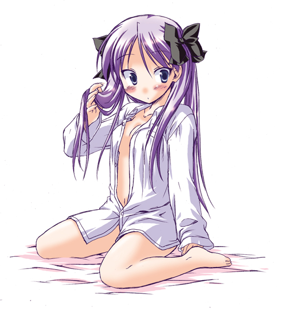00s, akari_ryuryuwa, barefoot, blush, bottomless, dress_shirt, feet, hiiragi_kagami