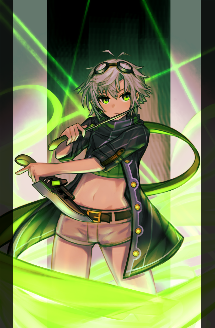 1girl, black_jacket, cowboy_shot, dual_wielding, eiyuu_densetsu, fie_claussell, goggles, goggles_on_head