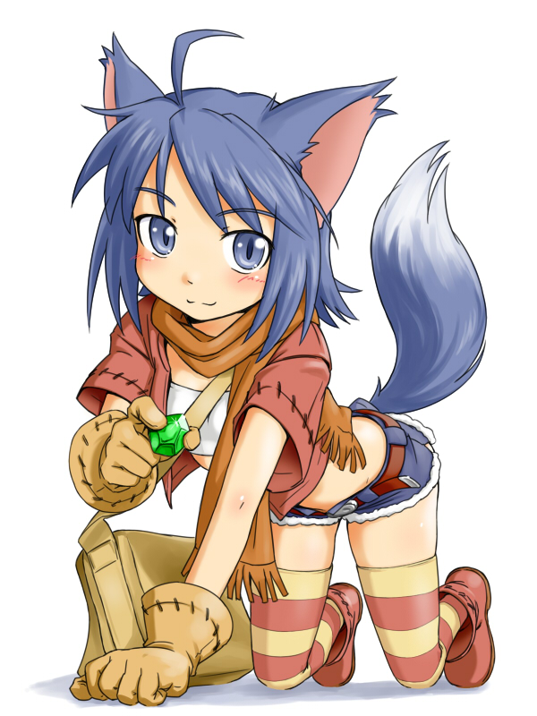 1girl, :3, ahoge, animal_ears, bag, blue_eyes, blue_hair, blush