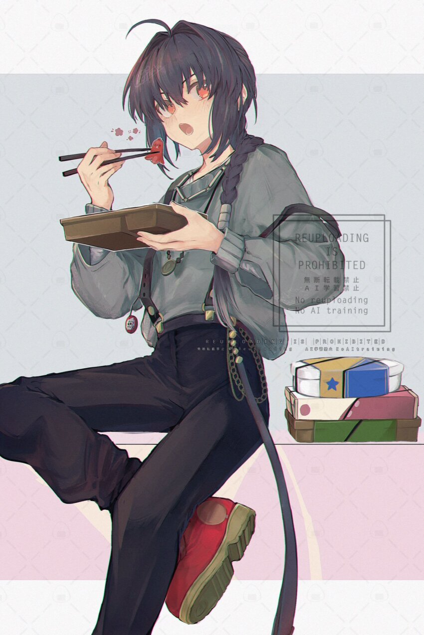 1other, ahoge, amulet, bento, black_hair, black_pants, braid, braided_ponytail