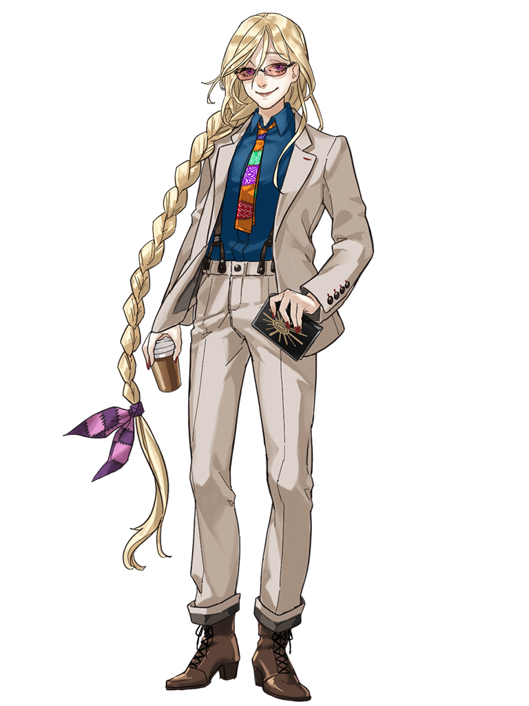 1boy, blonde_hair, blue_shirt, book, braid, brown_footwear, cup, dairoku_ryouhei, disposable_cup, formal_clothes, full_body, henry_chernozem, holding, holding_book, long_hair, long_sleeves, michiko_tgwm, necktie, purple_eyes, red_nails, shirt, smile, solo, suit, sunglasses, suspenders, transparent_background, very_long_hair