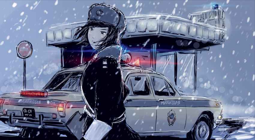 1girl, car, cyrillic, female_focus, fur_hat, hat, motor_vehicle, police, police_car, police_uniform, policewoman, russia, russian_text, snow, solo, soviet, ushanka, valkorn