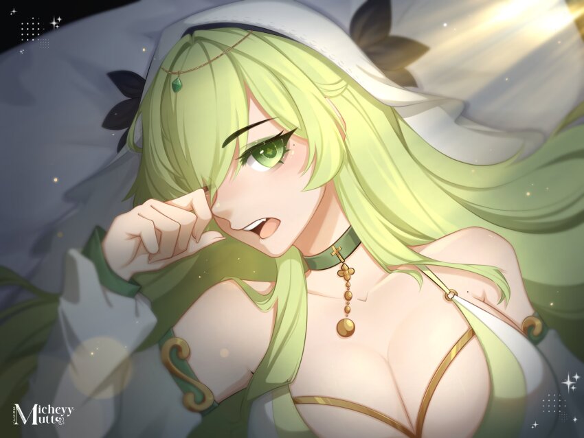 1girl, adora_fortune, artist_logo, black_ribbon, breasts, choker, cleavage, cross-shaped_pupils, eyelashes, green_choker, green_eyes, green_hair, highres, logo, long_hair, lying, micheyymutt, mole, mole_on_chest, mole_under_eye, multiple_moles, on_back, open_mouth, ribbon, solo, sparkle, symbol-shaped_pupils, upper_body, virtual_youtuber, vols, white_hood
